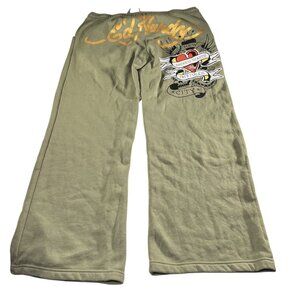 Ed Hardy Green Broken Hearts Graphic Women Baggy Sweatpants Joggers Size Large